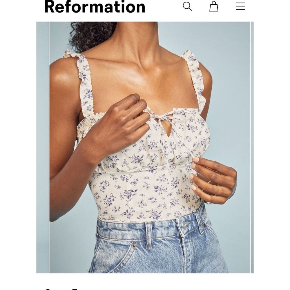 Reformation Soren Top Cream Floral Tie-Front Cropped Tank